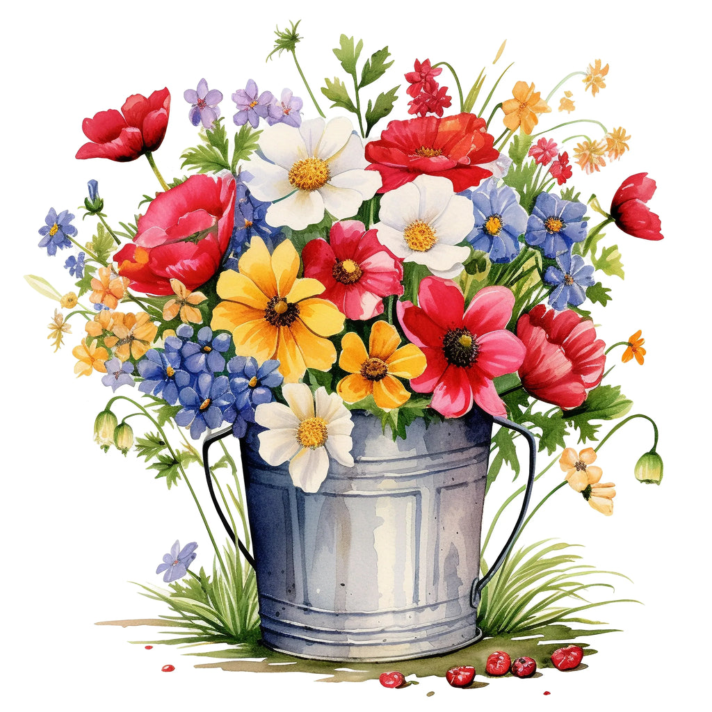 Bunte Blumen im Blecheimer 4 Wandbild Kunstdruck auf Leinwand | Wandbild Galerie