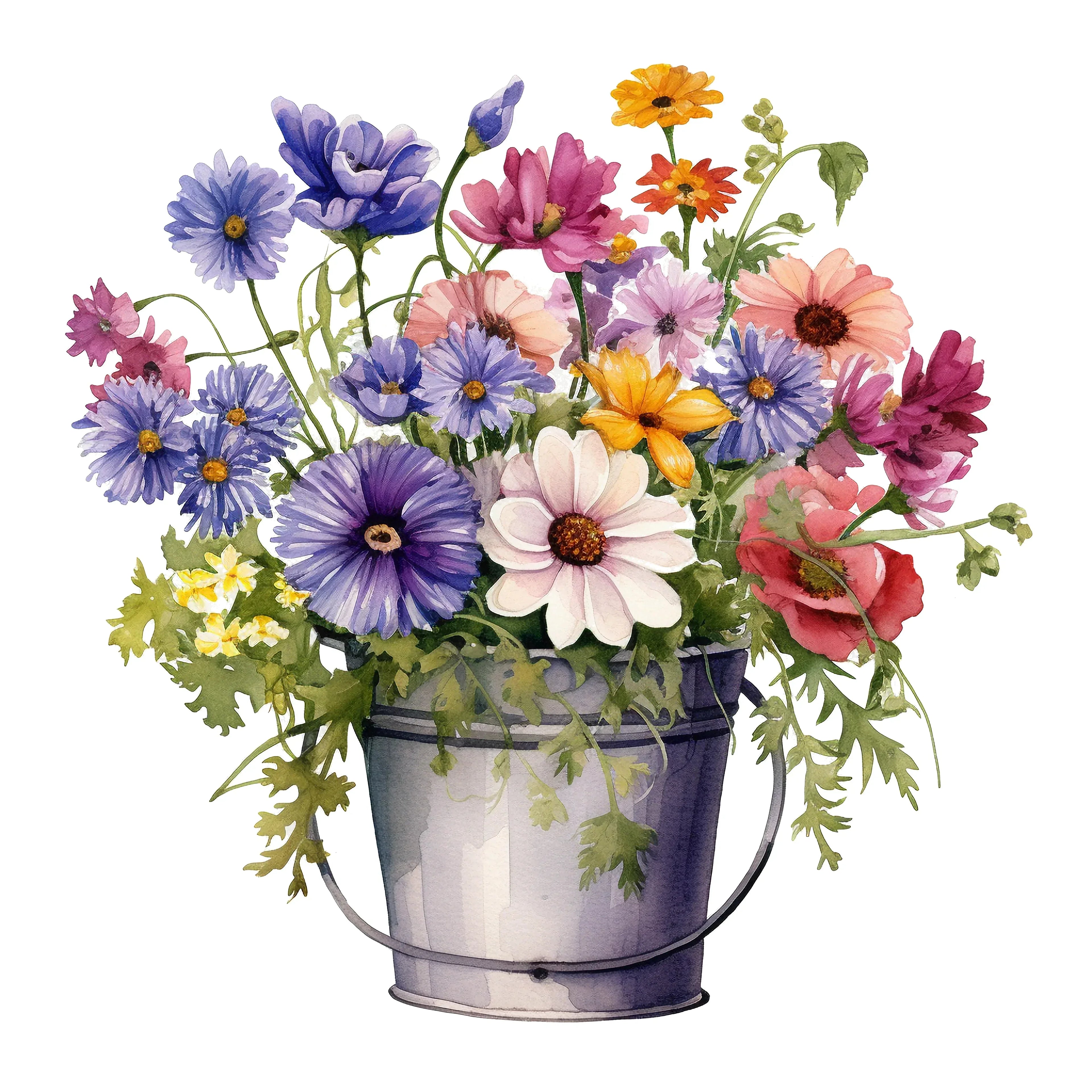 Bunte Blumen im Blecheimer 6 Wandbild Kunstdruck auf Leinwand | Wandbild Galerie