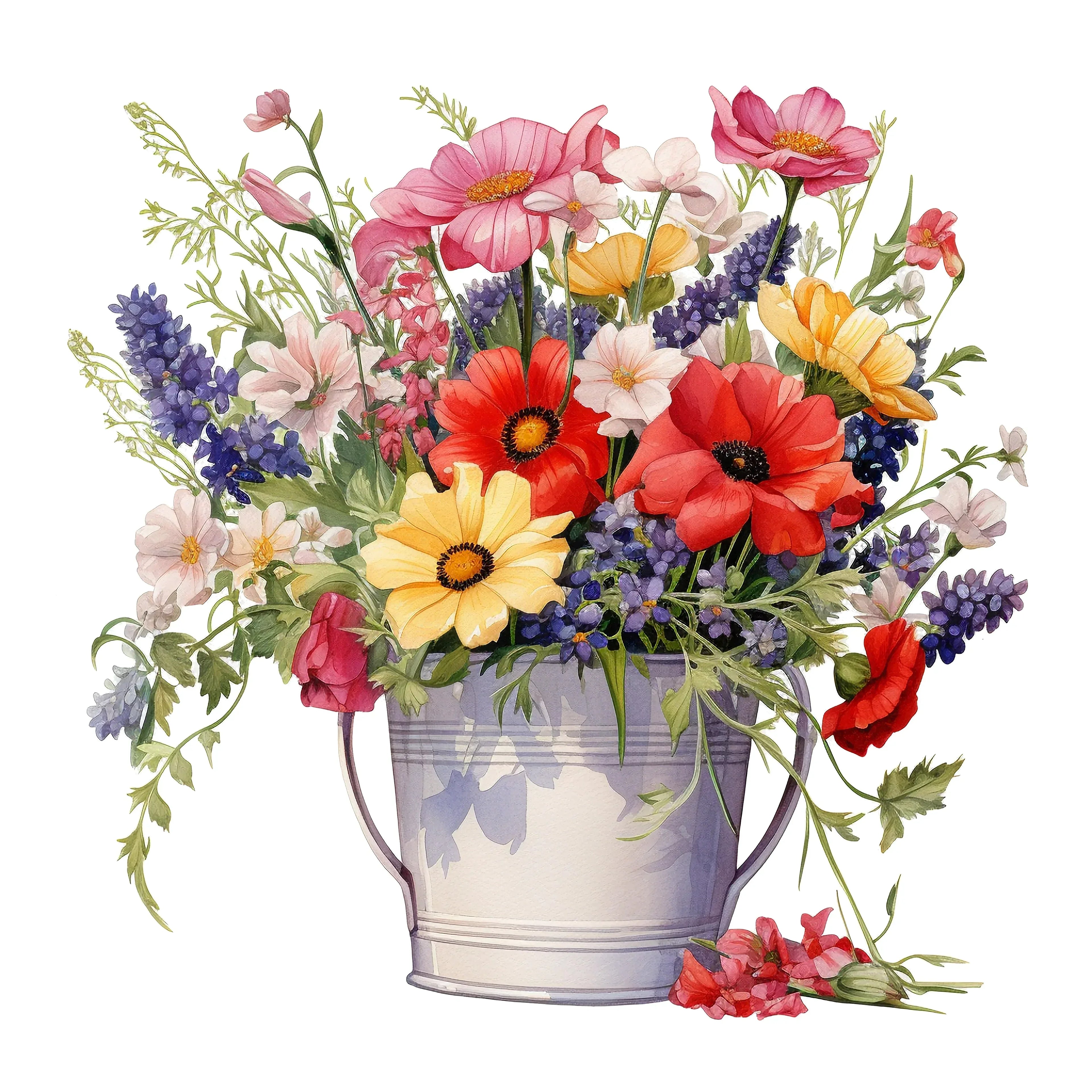 Bunte Blumen im Blecheimer 8 Wandbild Kunstdruck auf Leinwand | Wandbild Galerie