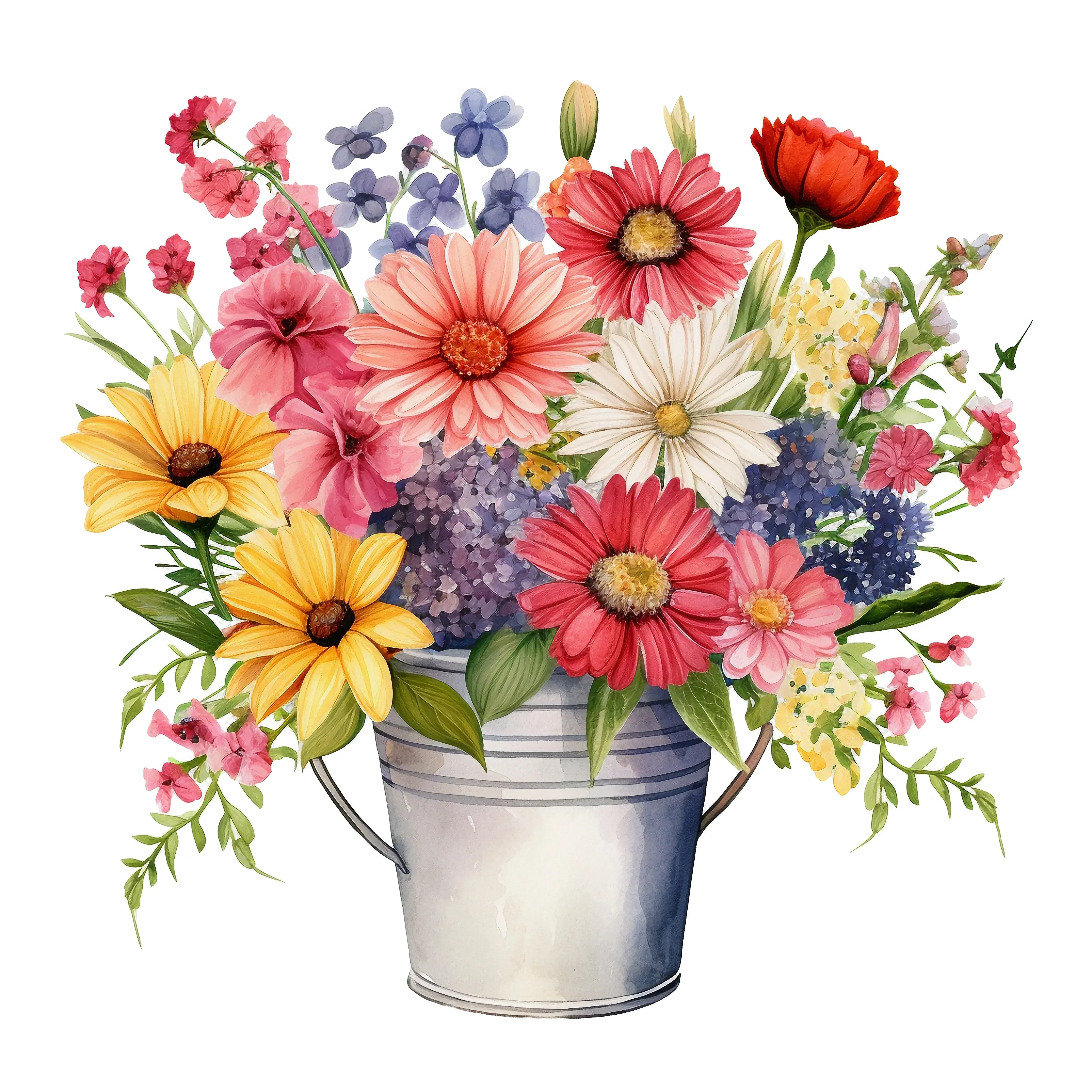 Bunte Blumen im Blecheimer 9 Wandbild Kunstdruck auf Leinwand | Wandbild Galerie