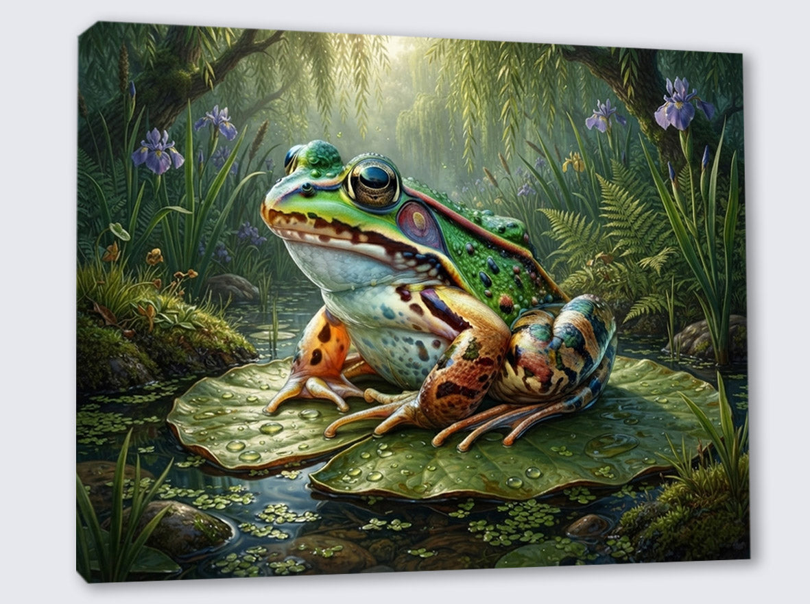 Wandbild Frosch Seerosenblatt Lila Iris Weidenzweige Gegenlicht Kunstdruck auf Leinwand