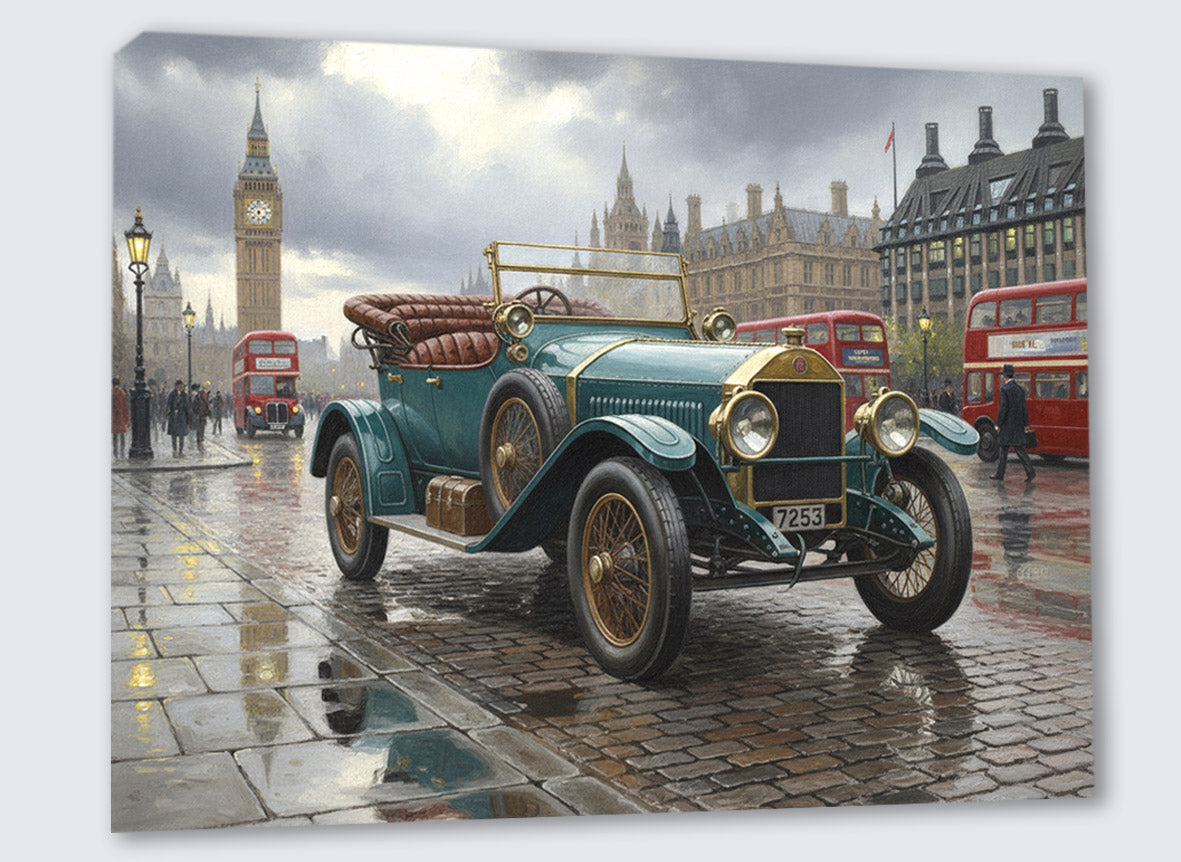 Wandbild Oldtimer Roter Cabriolet Art Déco Paris Eiffelturm Abendlicht Kunstdruck auf Leinwand