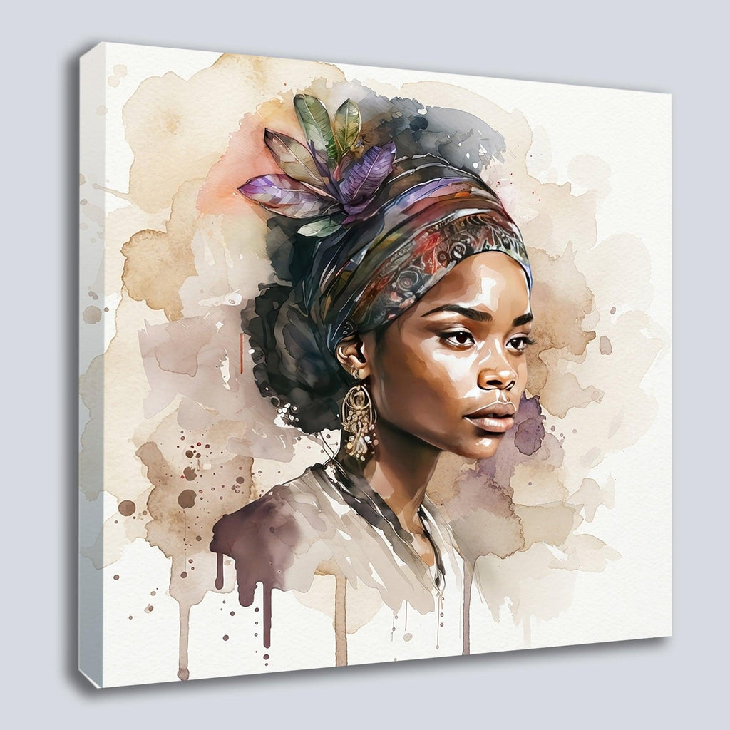 Afrikanerin Nr. 10 – Portrait mit Turban und Blattschmuck Aquarell Kunstdruck auf Leinwand