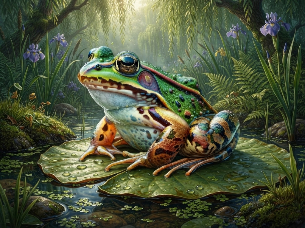 Wandbild Frosch Seerosenblatt Lila Iris Weidenzweige Gegenlicht Kunstdruck auf Leinwand