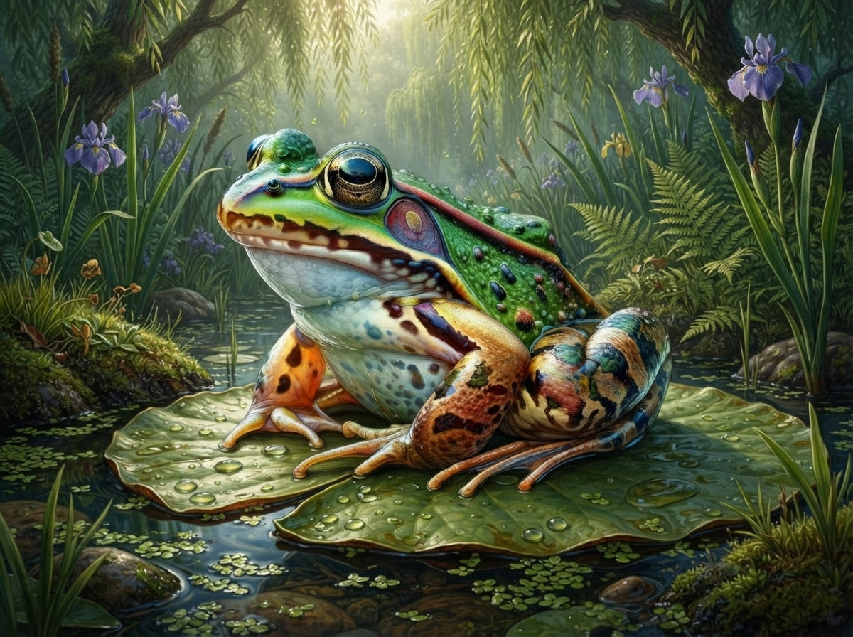 Wandbild Frosch Seerosenblatt Lila Iris Weidenzweige Gegenlicht Kunstdruck auf Leinwand