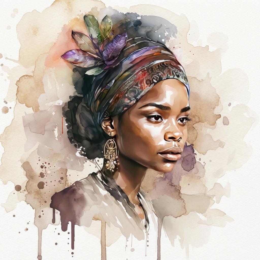 Afrikanerin Nr. 10 – Portrait mit Turban und Blattschmuck Aquarell Kunstdruck auf Leinwand