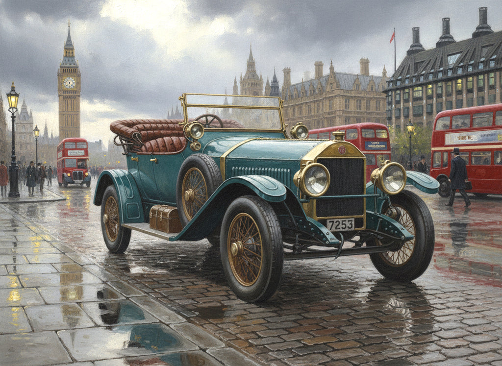Wandbild Oldtimer Roter Cabriolet Art Déco Paris Eiffelturm Abendlicht Kunstdruck auf Leinwand