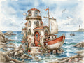 Hausboot Karikatur 1 Wandbild Kunstdruck auf Leinwand