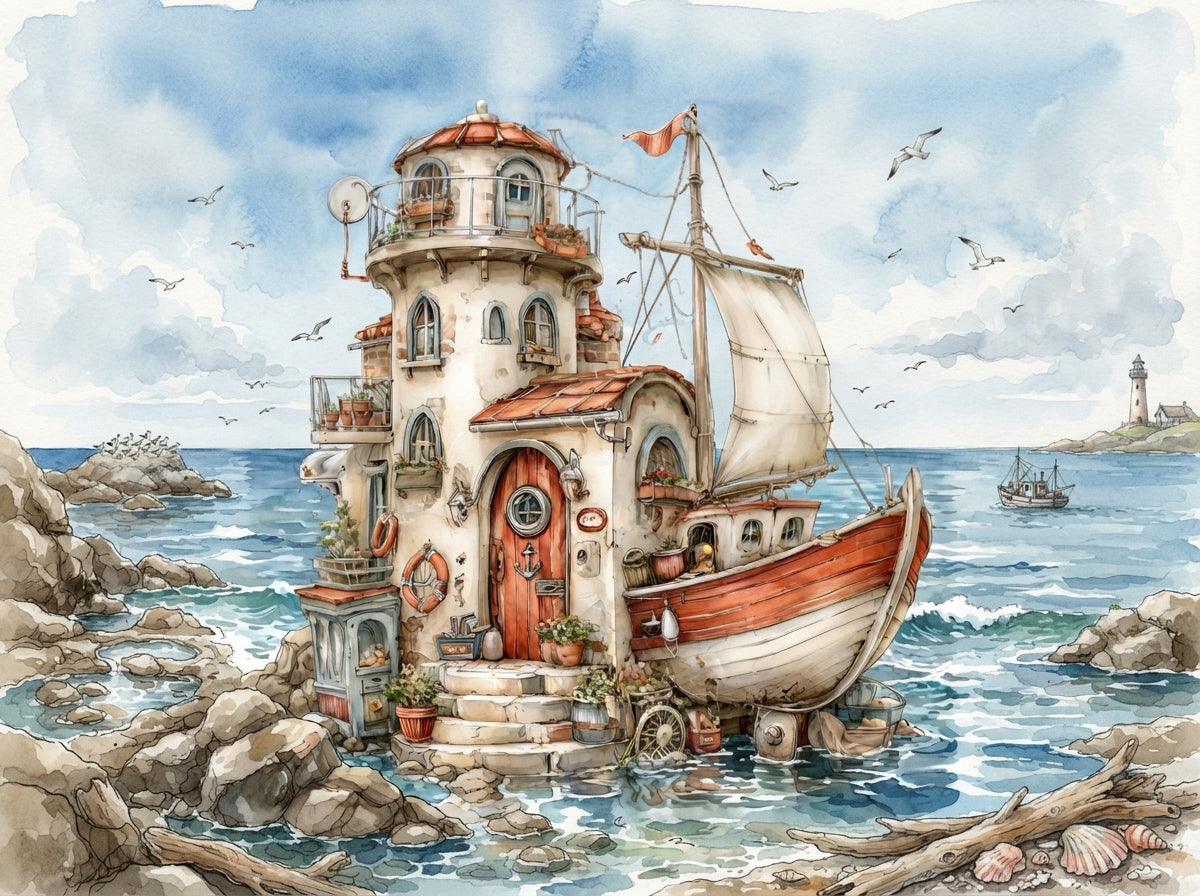 Hausboot Karikatur 1 Wandbild Kunstdruck auf Leinwand