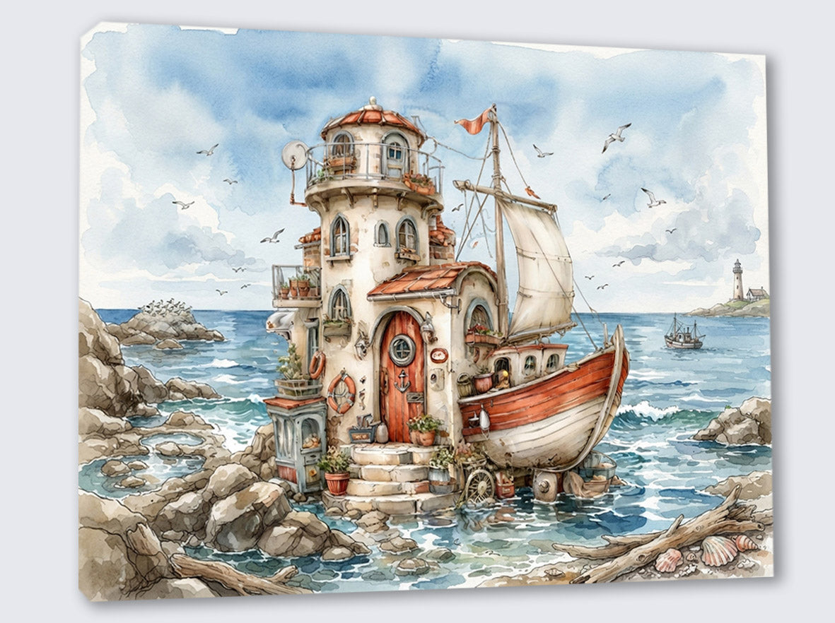 Hausboot Karikatur 1 Wandbild Kunstdruck auf Leinwand