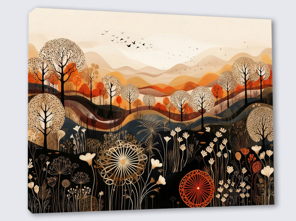 Wandbild Boho Art Herbstlandschaft Wildblumen Wellen Illustrationsstil Kunstdruck auf Leinwand