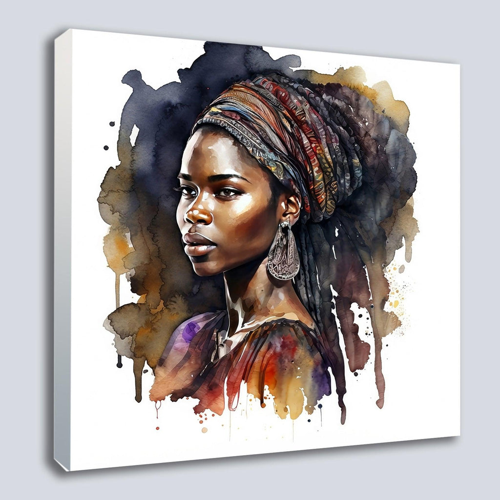 Afrikanerin Portrait mit buntem Turban und Creolen Aquarell