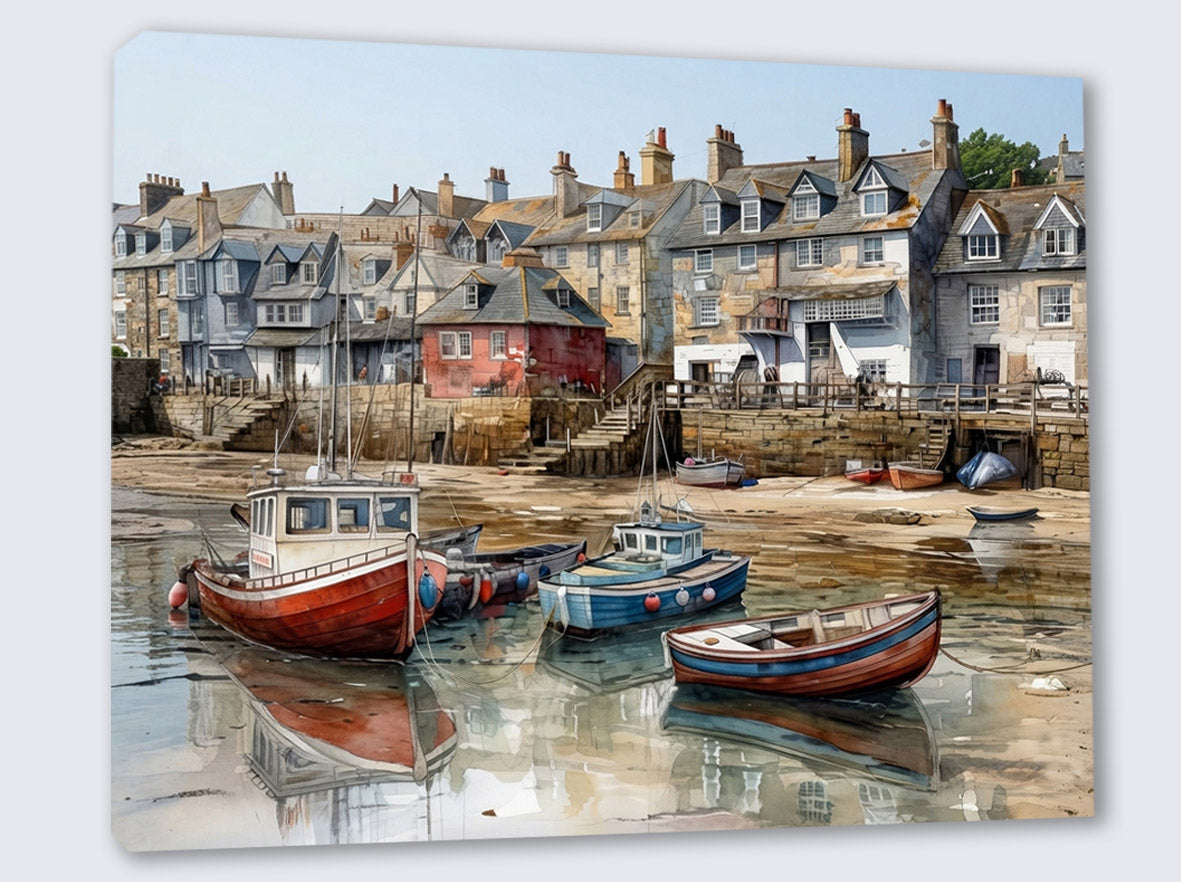 Wandbild Fischerboot Hafen Aquarell Ebbe Rotes Backsteinhaus Steintreppe Sandgrund Kunstdruck auf Leinwand