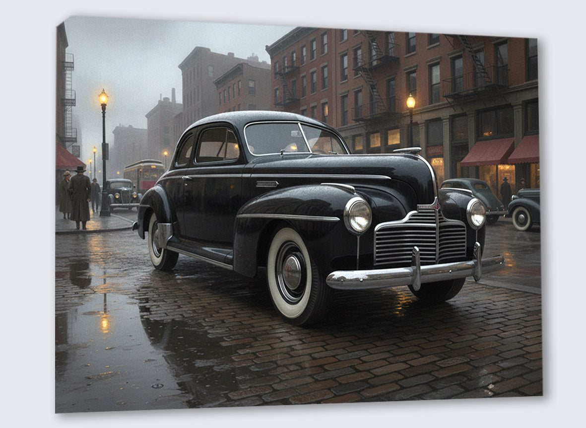 Wandbild Oldtimer Schwarzer Coupé Film Noir Regennacht New York Kopfsteinpflaster Kunstdruck auf Leinwand