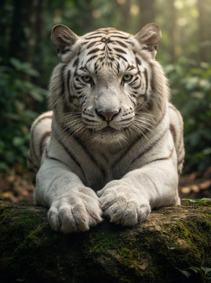 Weißer Tiger liegend auf moosigem Felsen, frontales Portrait im Waldlicht mit grünem Hintergrund