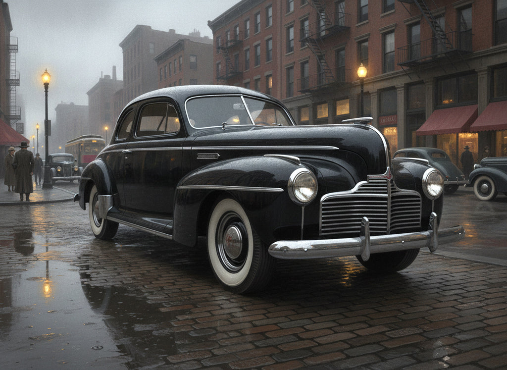 Wandbild Oldtimer Schwarzer Coupé Film Noir Regennacht New York Kopfsteinpflaster Kunstdruck auf Leinwand
