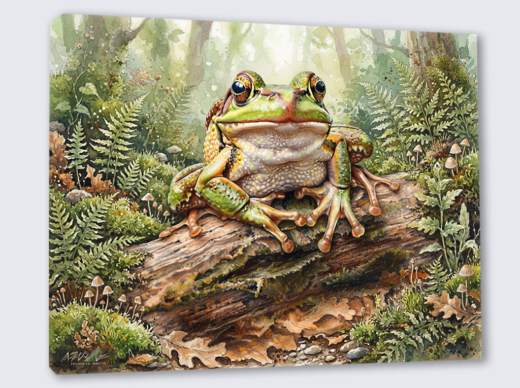 Wandbild Frosch Aquarell Baumstamm Pilze Farne Herbstwald Kunstdruck auf Leinwand
