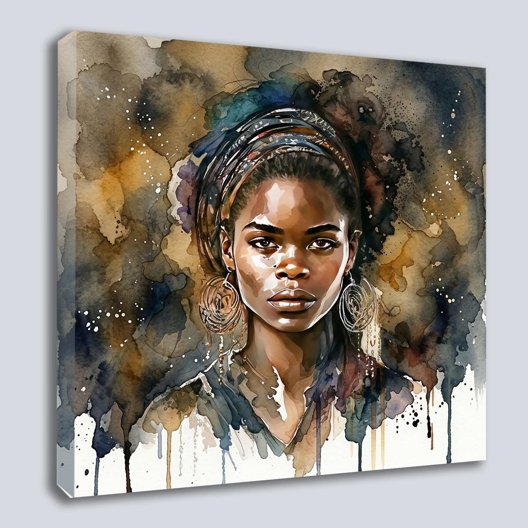 Afrikanerin Nr. 12 – Portrait mit Goldcreolen Aquarell Kunstdruck auf Leinwand