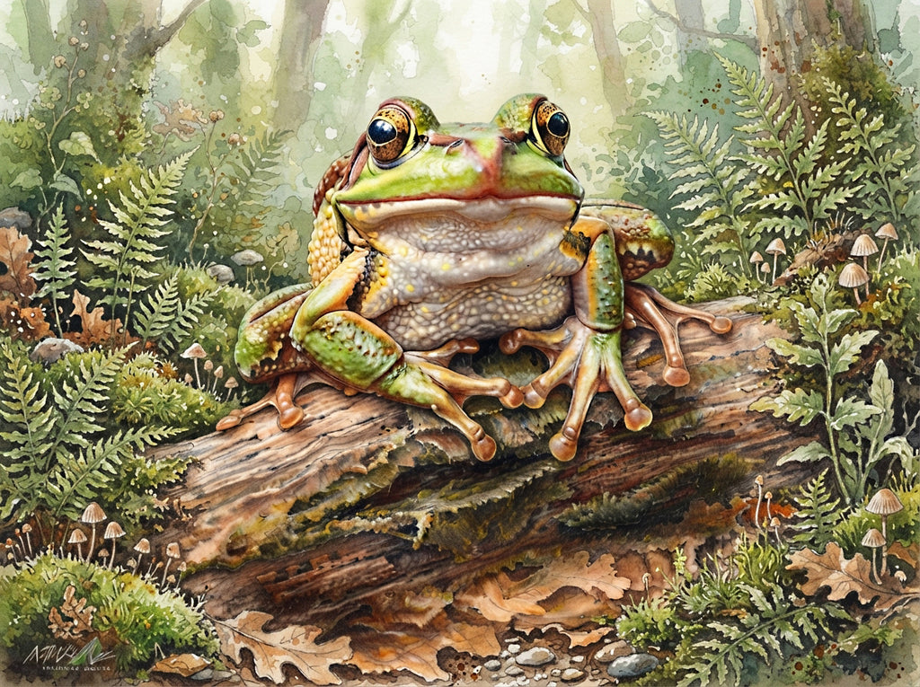 Wandbild Frosch Aquarell Baumstamm Pilze Farne Herbstwald Kunstdruck auf Leinwand