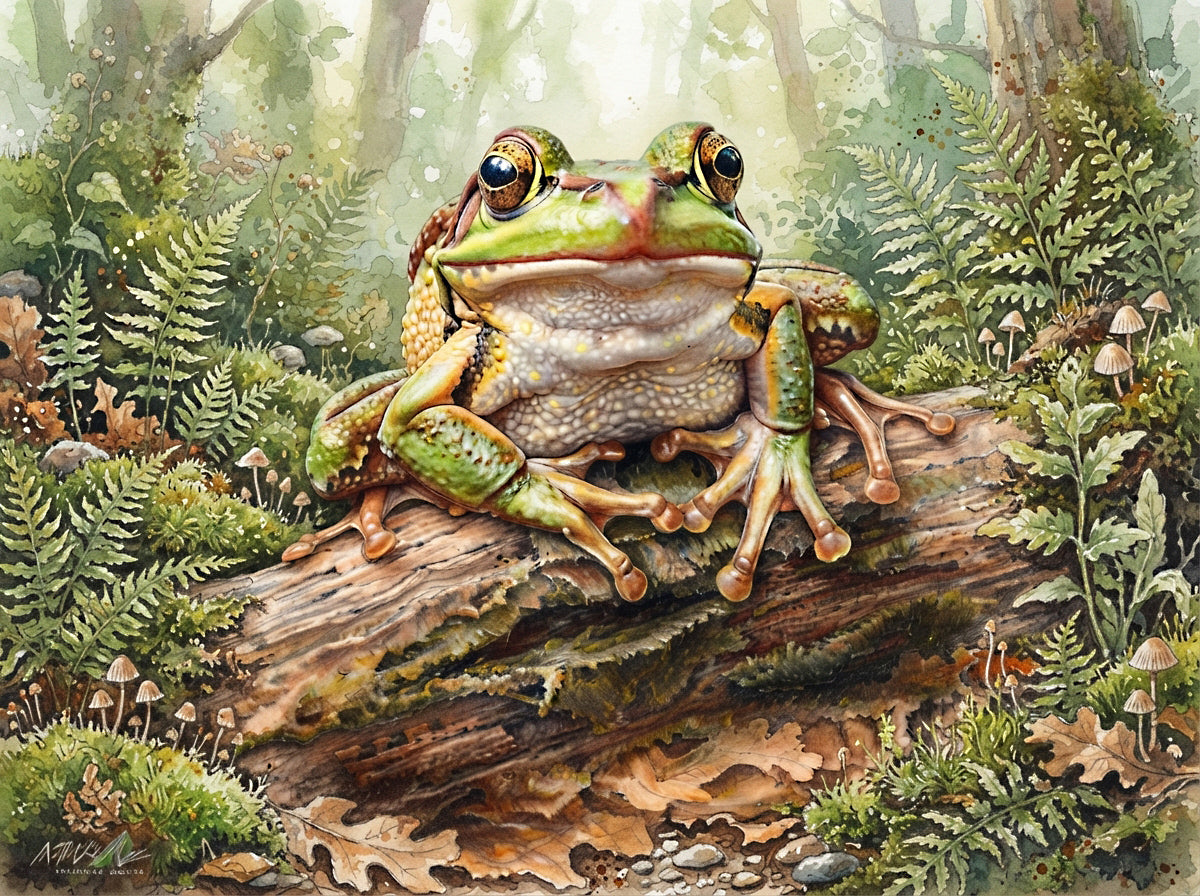 Wandbild Frosch Aquarell Baumstamm Pilze Farne Herbstwald Kunstdruck auf Leinwand