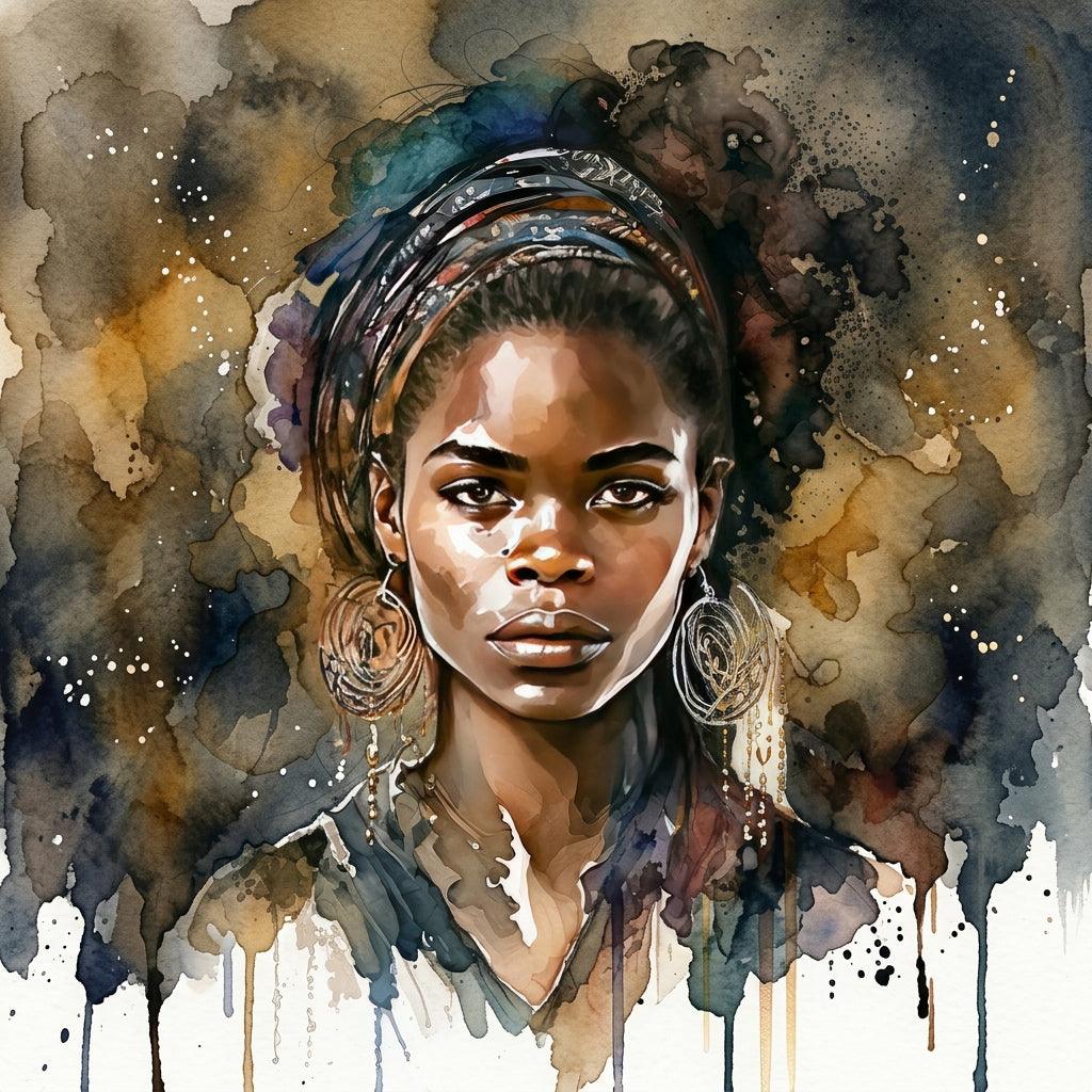 Afrikanerin Nr. 12 – Portrait mit Goldcreolen Aquarell Kunstdruck auf Leinwand