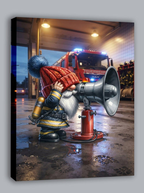 Feuerwehr Wichtel an der Sirene im Regen Kunstdruck auf Leinwand