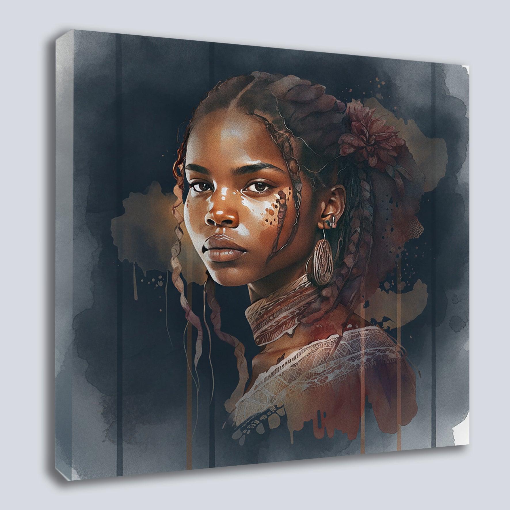 Afrikanerin Portrait mit Zöpfen, Blume und Creolen Aquarell
