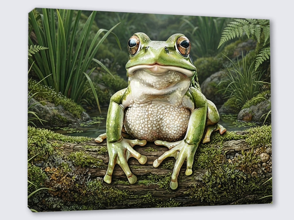 Wandbild Frosch Hellgrün Moosiger Ast Schilf Teich Kunstdruck auf Leinwand