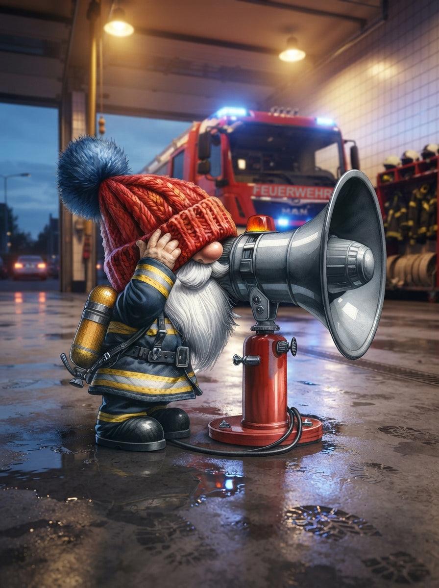 Feuerwehr Wichtel an der Sirene im Regen Kunstdruck auf Leinwand