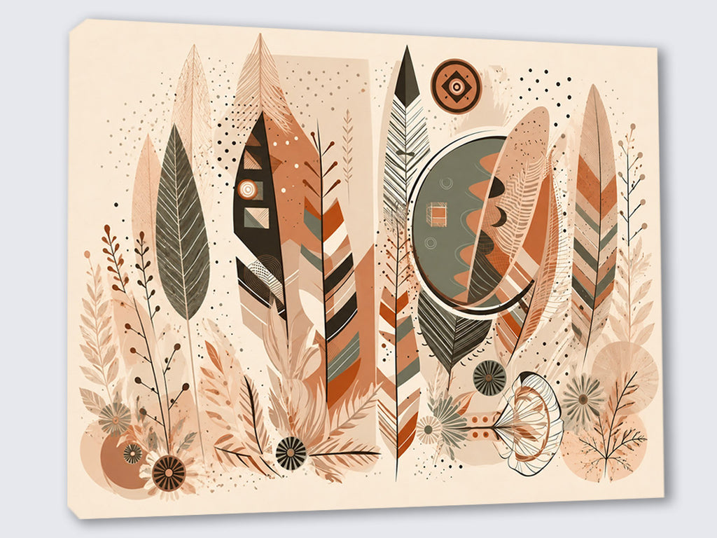 Wandbild Boho Art Federn Geometrisch Mond Terrakotta Grau Illustrationsstil Kunstdruck auf Leinwand