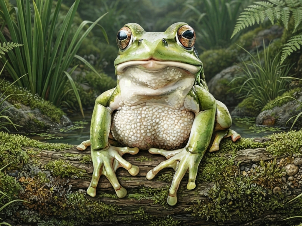 Wandbild Frosch Hellgrün Moosiger Ast Schilf Teich Kunstdruck auf Leinwand