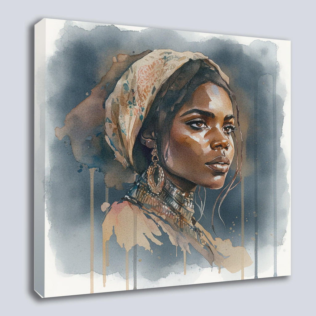 Afrikanerin Portrait mit Kopftuch, Creolen und Halsschmuck Aquarell