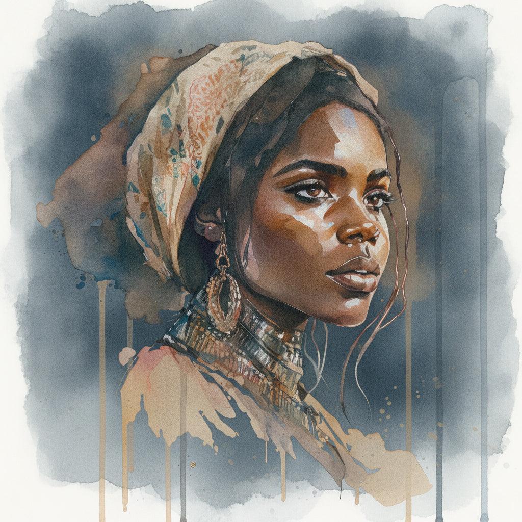 Afrikanerin Portrait mit Kopftuch, Creolen und Halsschmuck Aquarell