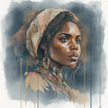 Afrikanerin Portrait mit Kopftuch, Creolen und Halsschmuck Aquarell
