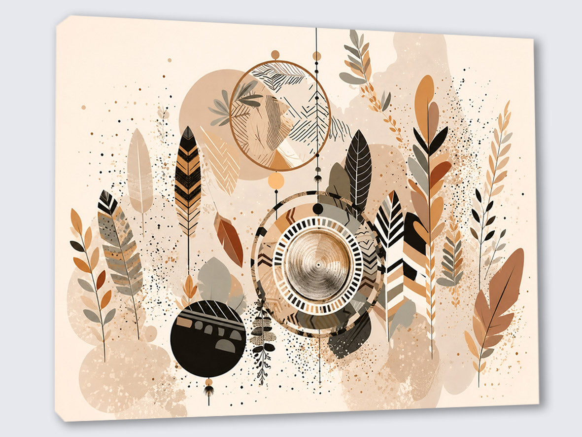 Wandbild Boho Art Traumfänger Federn Blätter Goldene Kreise Beige Schwarz Illustrationsstil Kunstdruck auf Leinwand