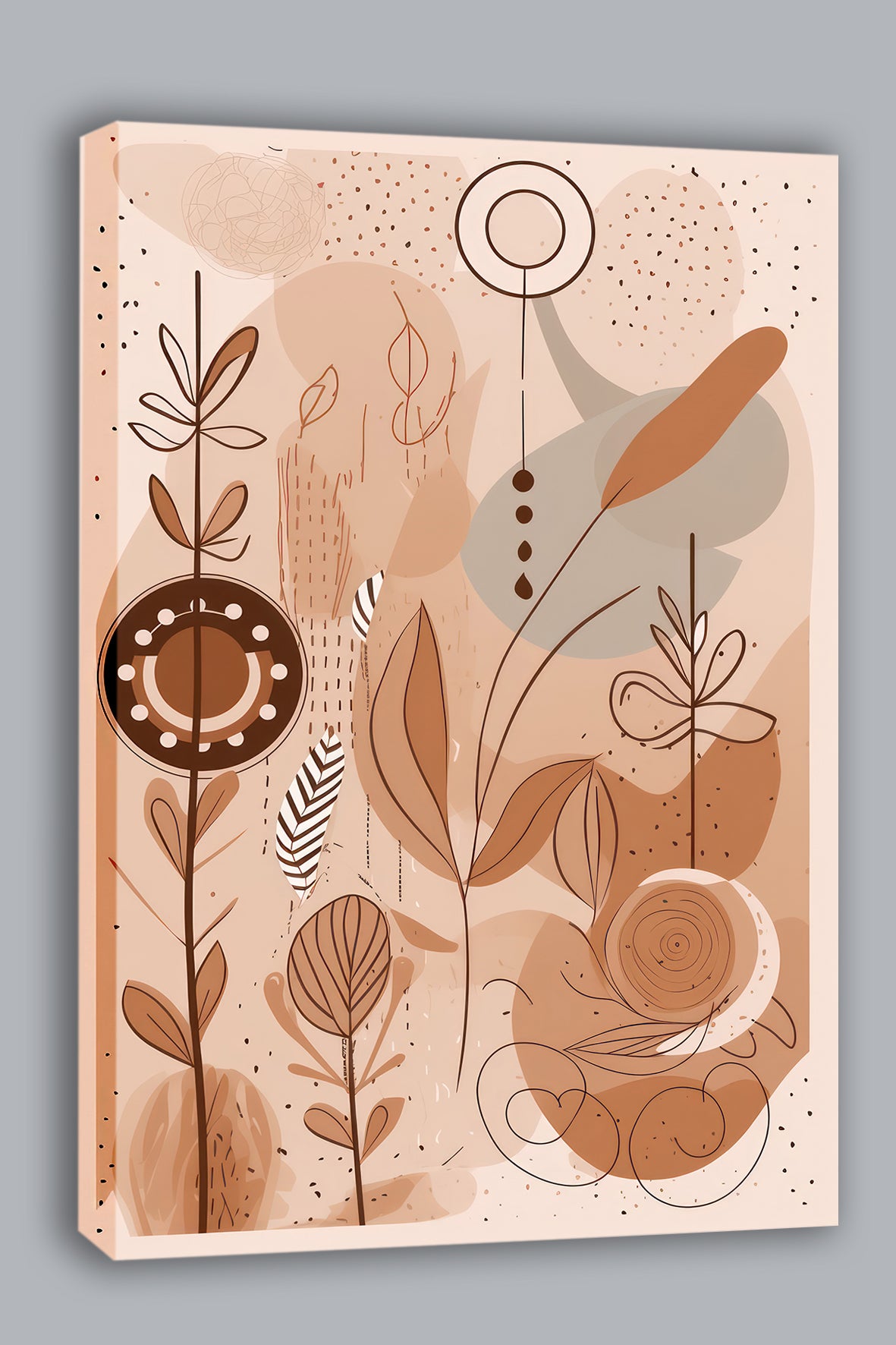 Wandbild Boho Art Linienpflanzen Feder Spiralen Beige Terrakotta Kunstdruck auf Leinwand