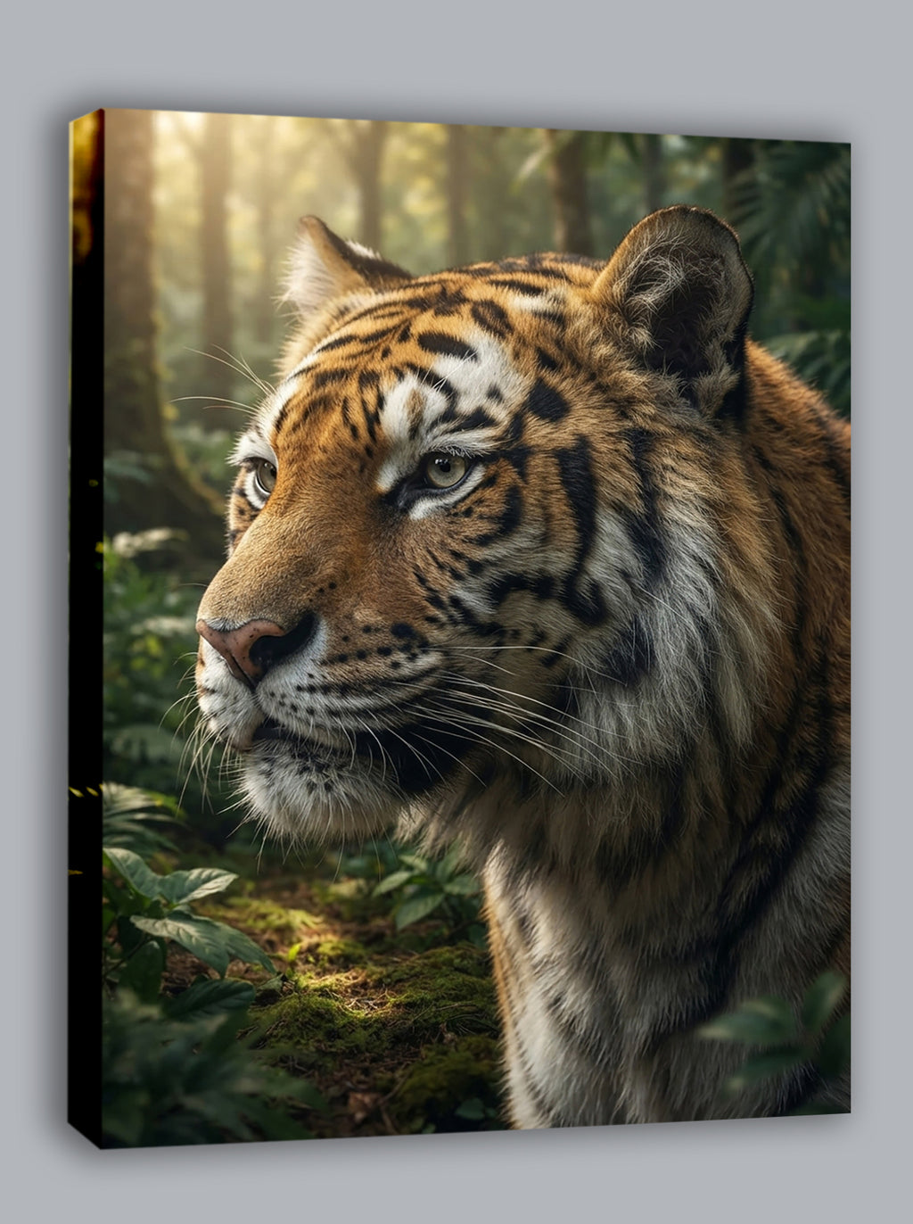 Wandbild Tiger Nahaufnahme Seitenprofil Seitenblick Dschungel Sonnenlicht Kunstdruck auf Leinwand