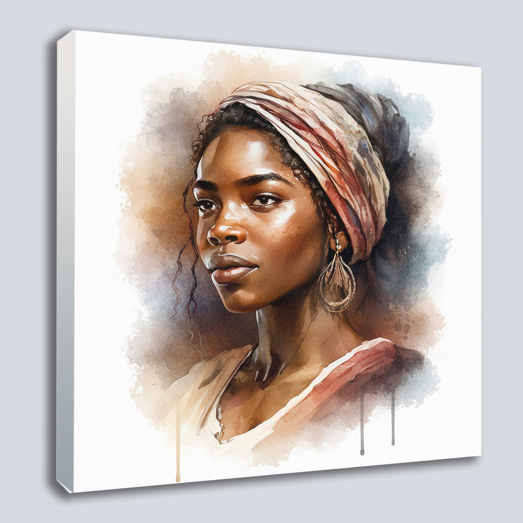 Afrikanerin Portrait mit gestreiftem Kopftuch und Creolen Aquarell