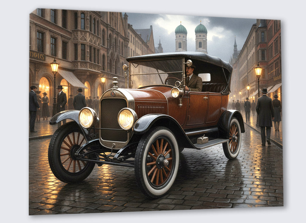 Wandbild Oldtimer Brauner Tourenwagen Fahrer München Frauenkirche Kaiserzeit Kunstdruck auf Leinwand
