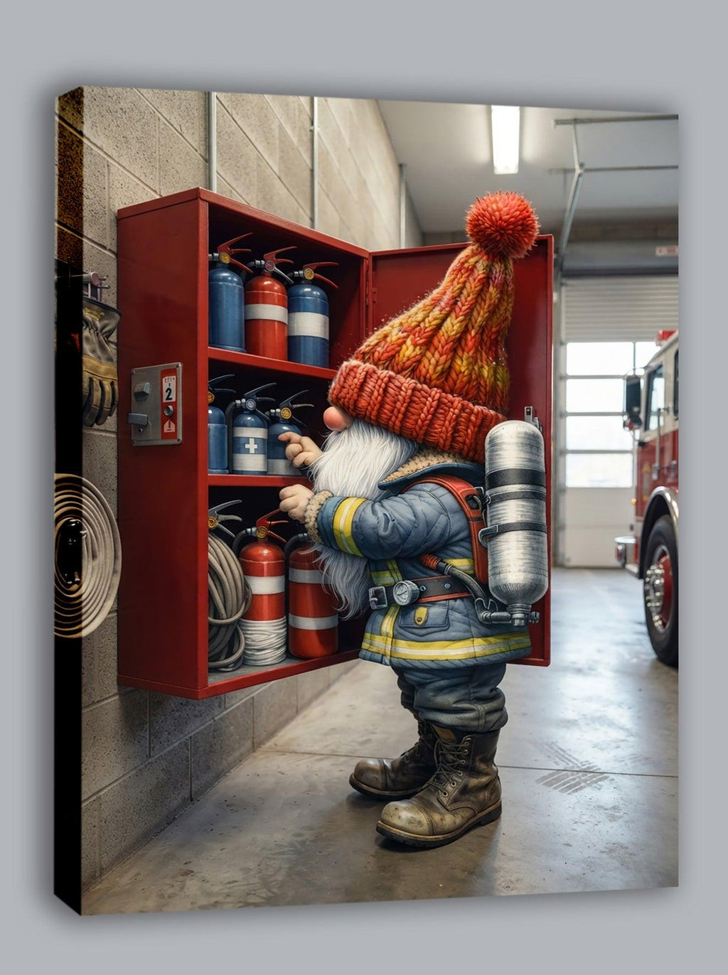 Feuerwehr Wichtel am Feuerlöscher-Schrank Kinderzimmer Kunstdruck auf Leinwand Nr. 2