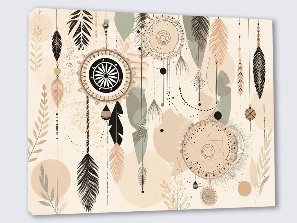 Wandbild Boho Art Traumfänger Federn Perlen Beige Schwarz Aquarell Illustrationsstil Kunstdruck auf Leinwand