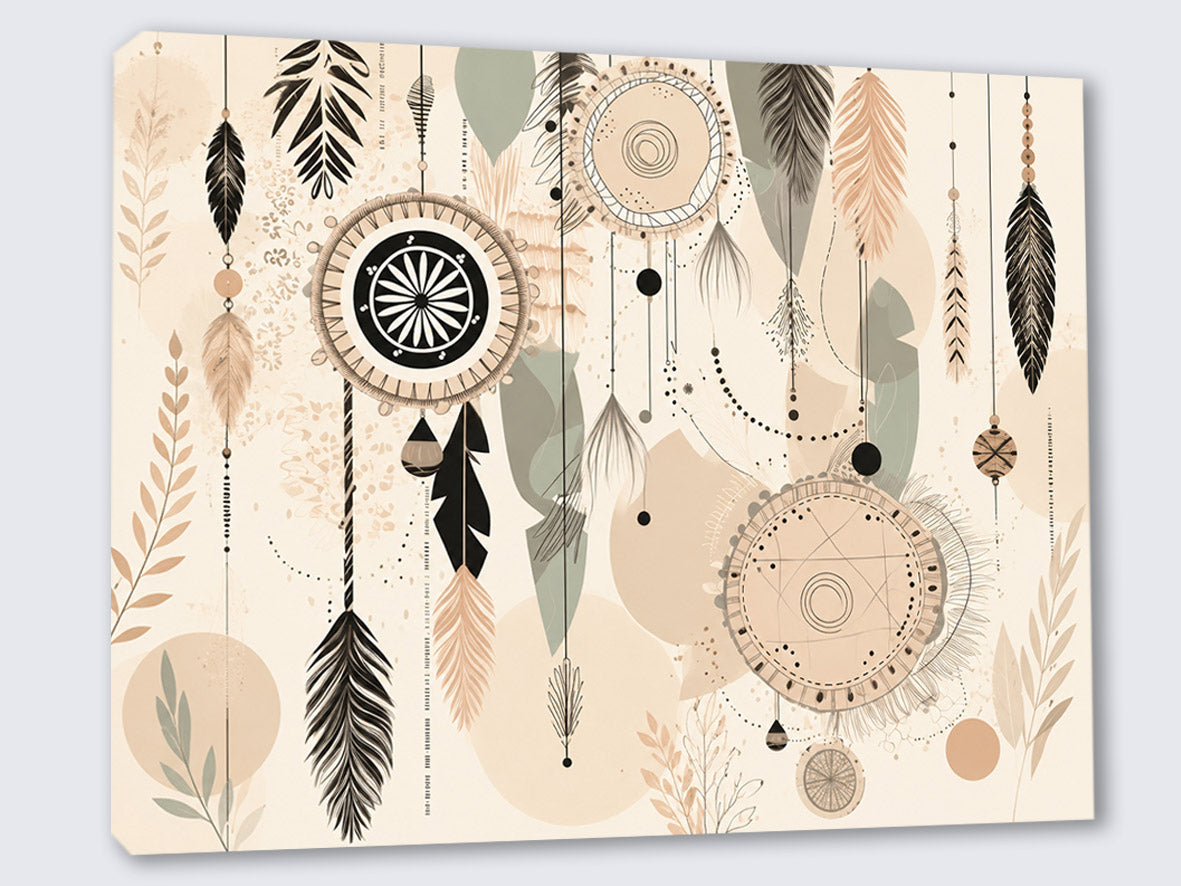 Wandbild Boho Art Traumfänger Federn Perlen Beige Schwarz Aquarell Illustrationsstil Kunstdruck auf Leinwand