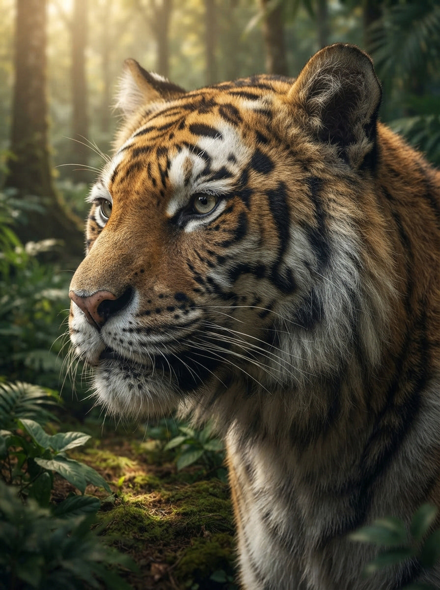 Tiger-Nahaufnahme im Seitenprofil mit intensivem Seitenblick, goldenes Sonnenlicht im Dschungel
