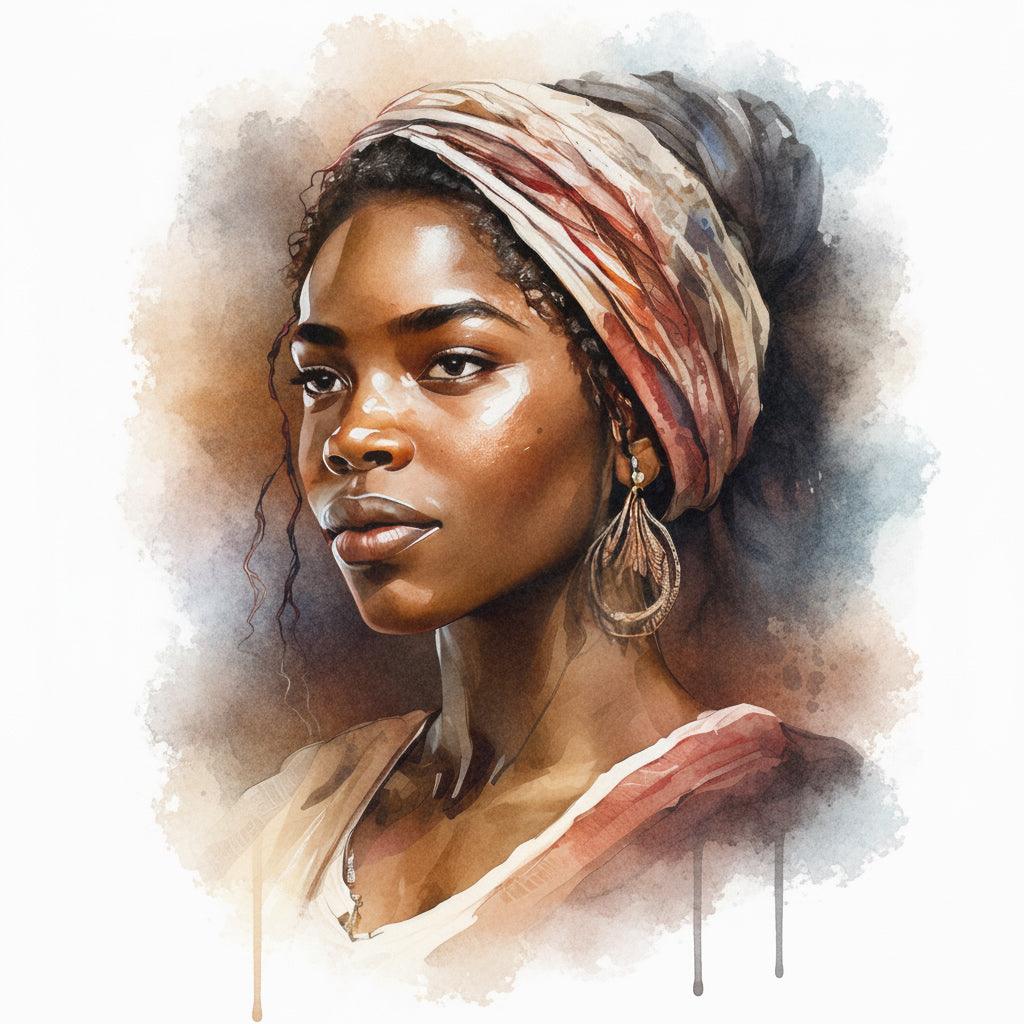 Afrikanerin Portrait mit gestreiftem Kopftuch und Creolen Aquarell