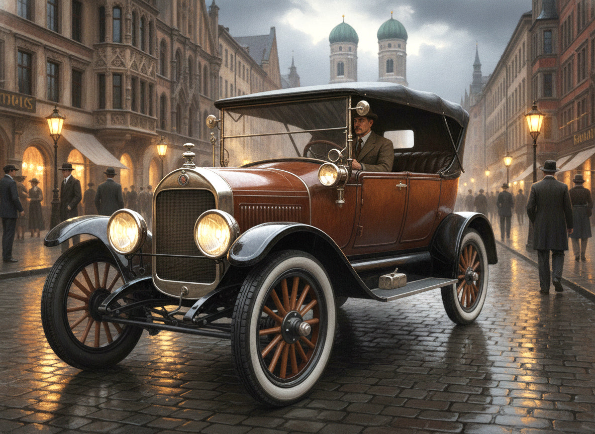 Wandbild Oldtimer Brauner Tourenwagen Fahrer München Frauenkirche Kaiserzeit Kunstdruck auf Leinwand