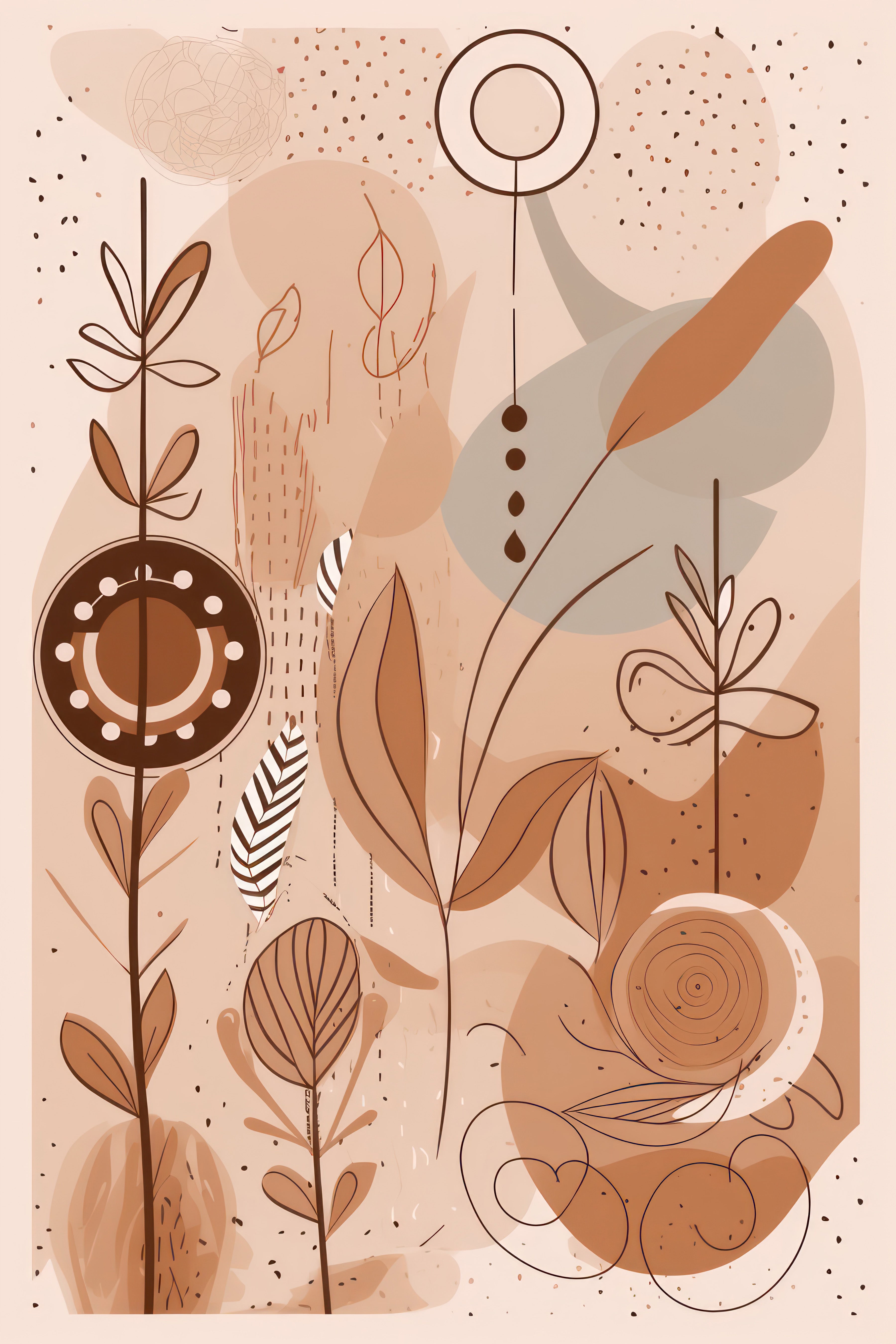 Wandbild Boho Art Linienpflanzen Feder Spiralen Beige Terrakotta Kunstdruck auf Leinwand