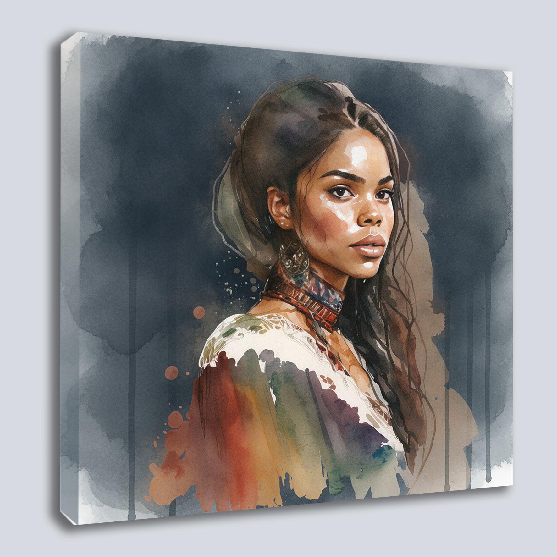 Afrikanerin Portrait mit offenem Haar und Halsband Aquarell