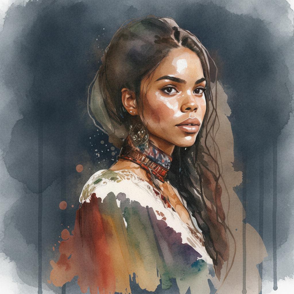 Afrikanerin Portrait mit offenem Haar und Halsband Aquarell
