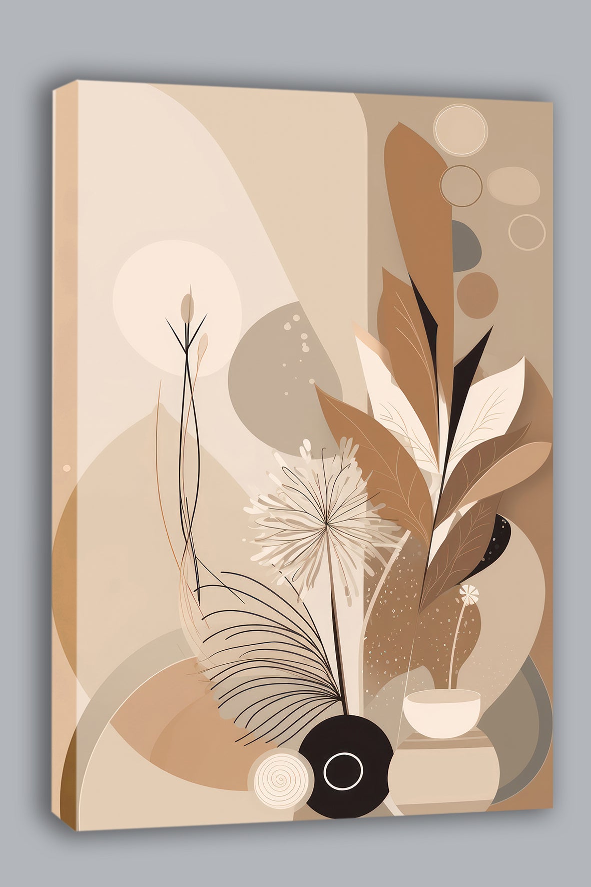 Wandbild Boho Art Schwarze Vase Pusteblume Palmfarn Beige Braun Kunstdruck auf Leinwand