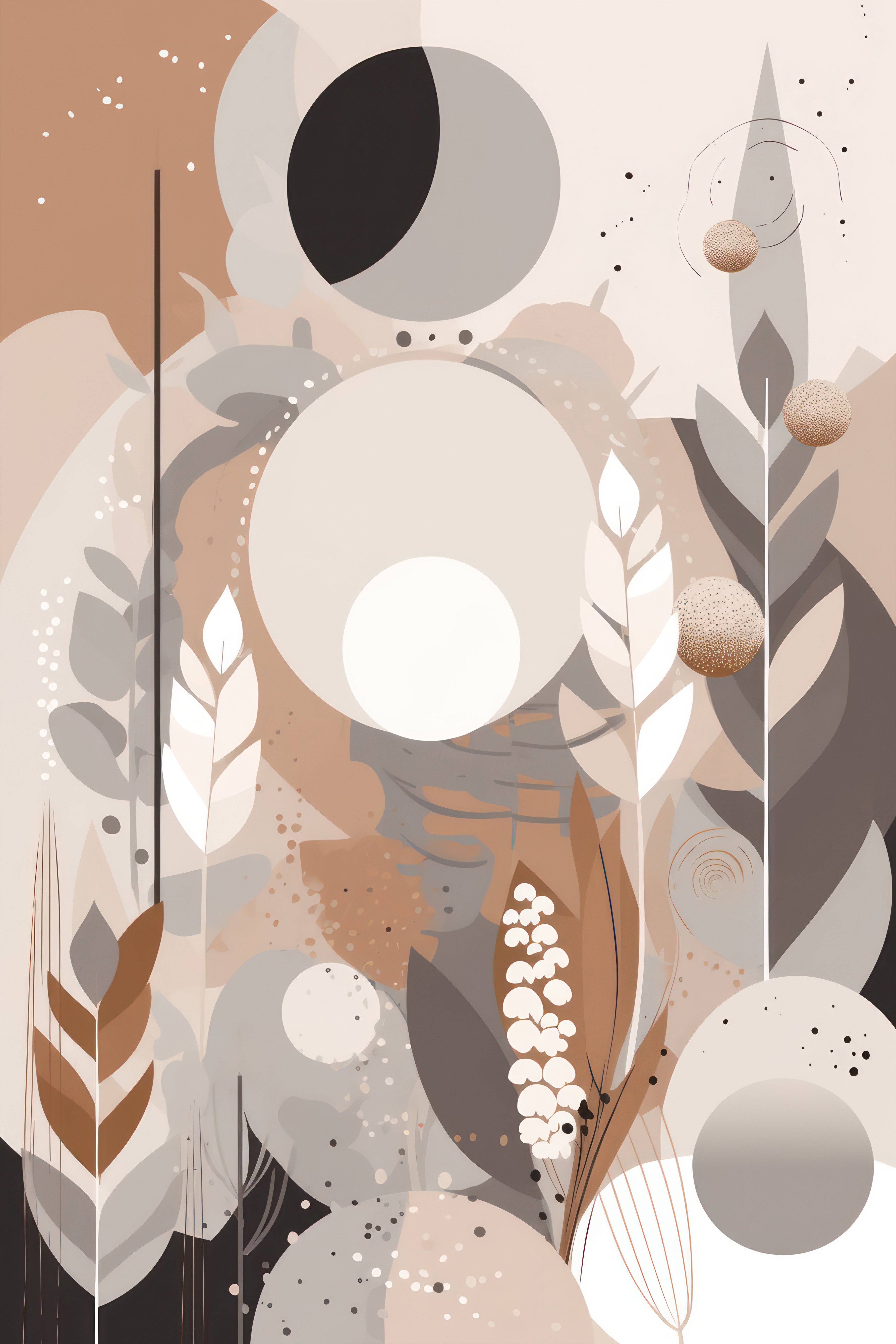 Wandbild Boho Art Mondphasen Blätter Abstrakt Beige Grau Kunstdruck auf Leinwand